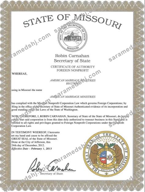 USA Missouri marriage certificate template in PSD format